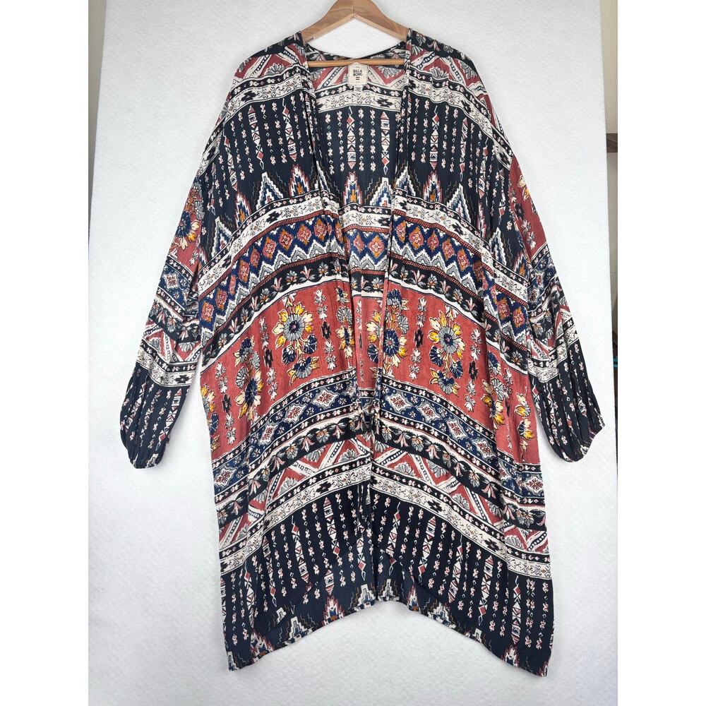 Billabong Boho Tribal Floral Open Front Kimono Cover Up M/L Navy Pink Rayon - Picture 2 of 6